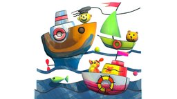 Cartoon 3D illustration Fish Ship Steamship