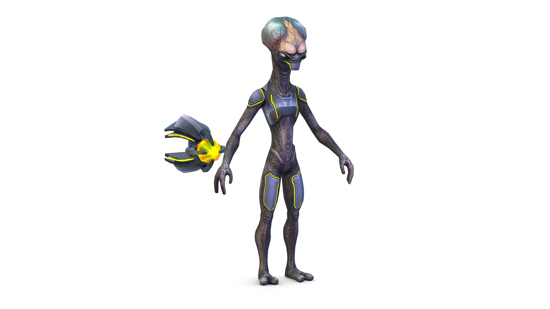 Low Poly Armored Skinny Grey Alien UFO 3d model