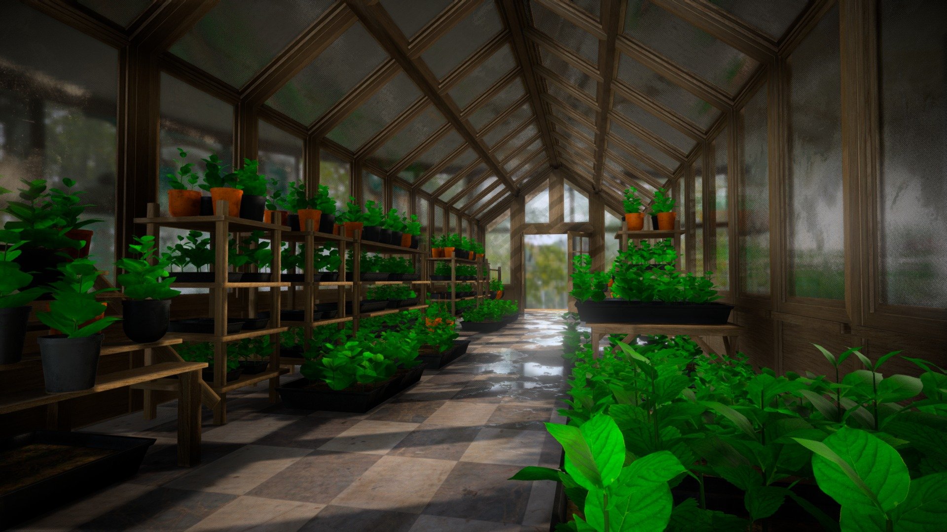 Wooden Greenhouse with Plants 3d model