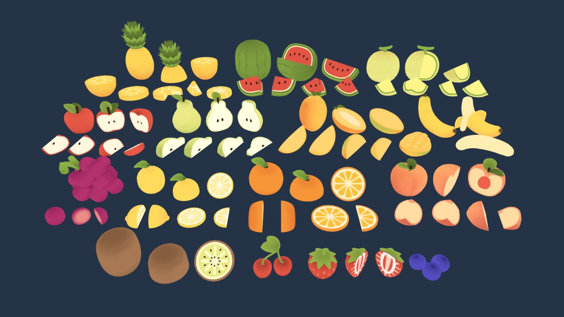 Cute Fruits Pack 3d model