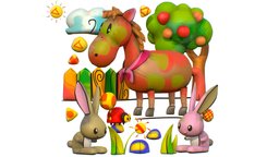 3D illustration Horse Hare Rabbit Ladybird Wood