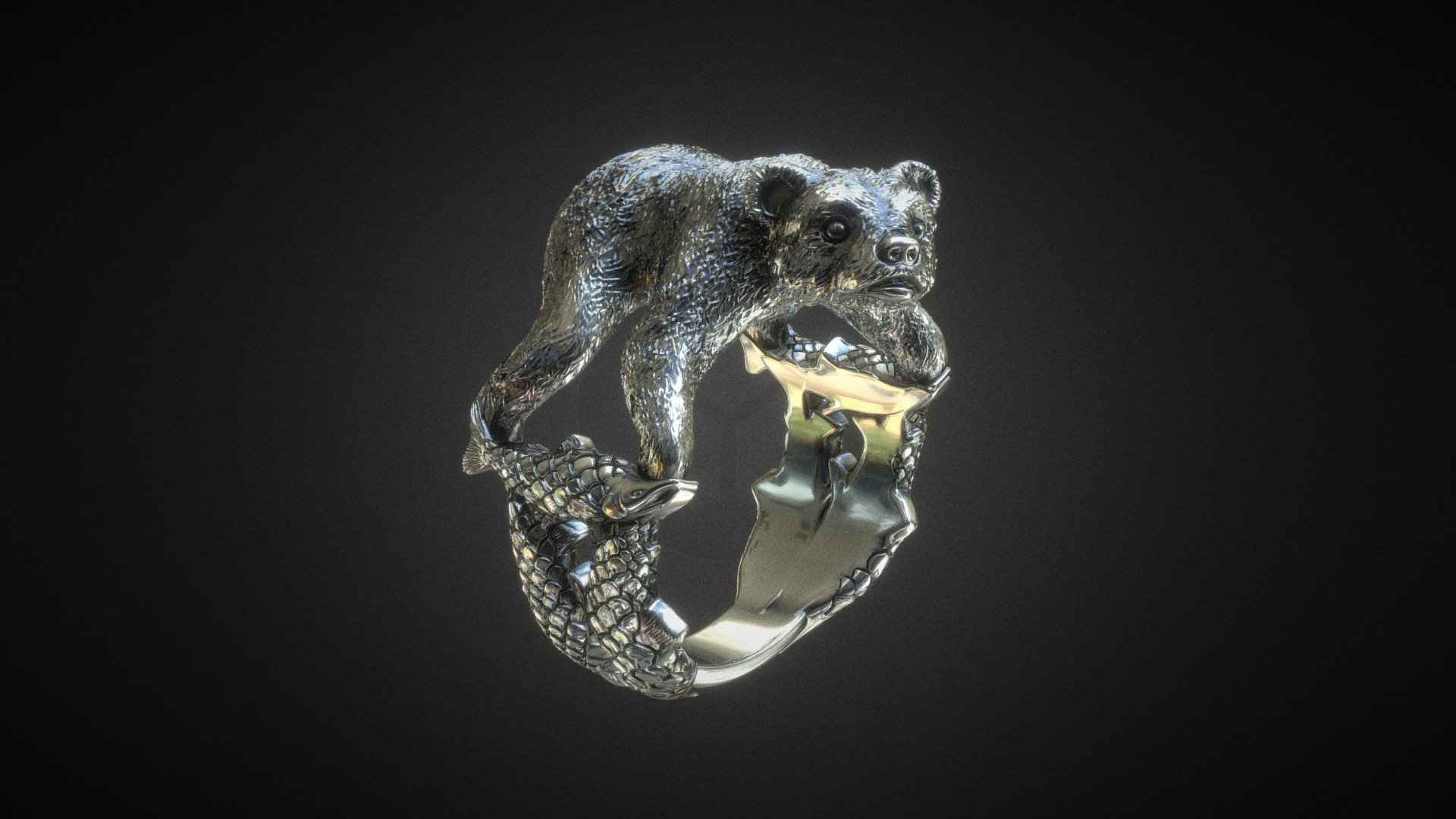 Bear With Salmon Ring 3d model