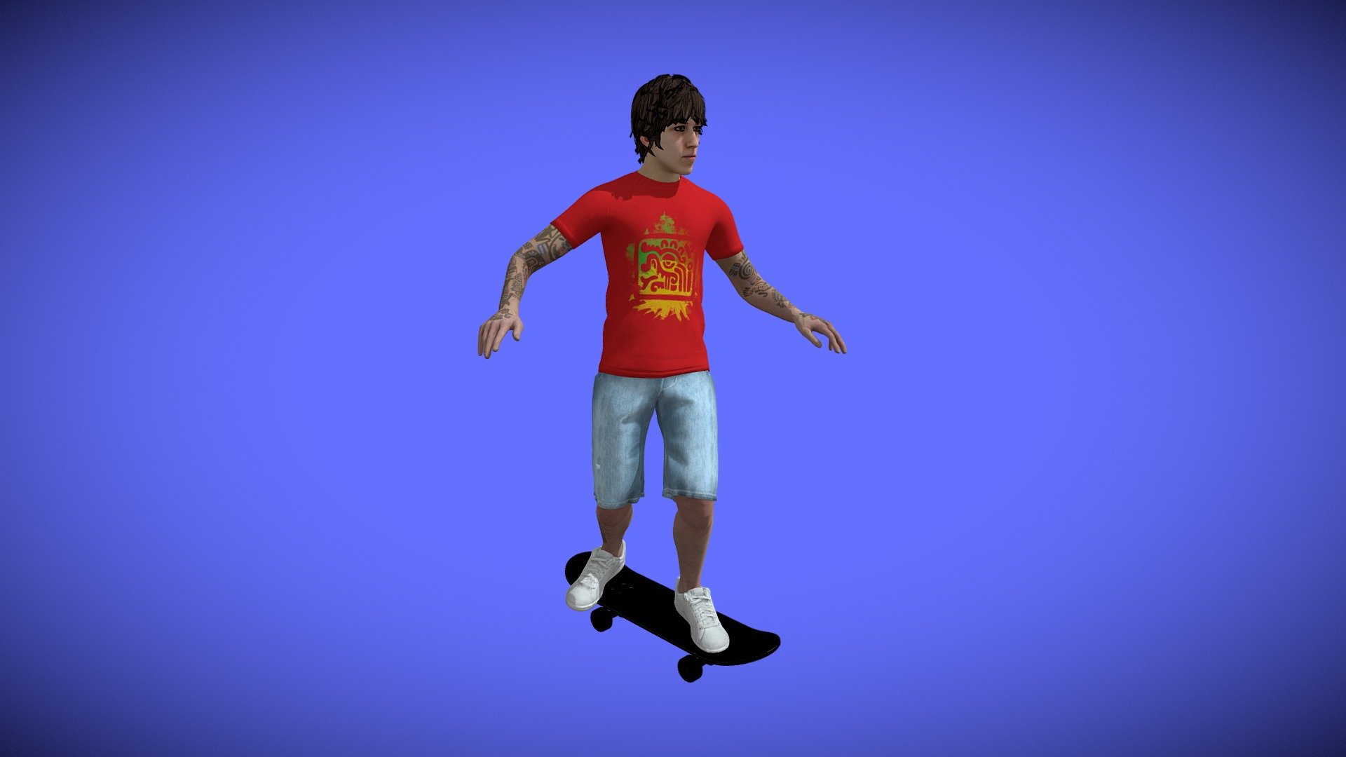 Animated Tattooed Skateboarder Character Rides 3d model