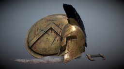 Spartan sword, shield, helmet.