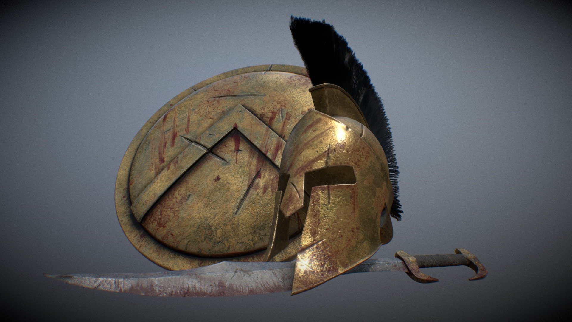 Spartan sword, shield, helmet. 3d model