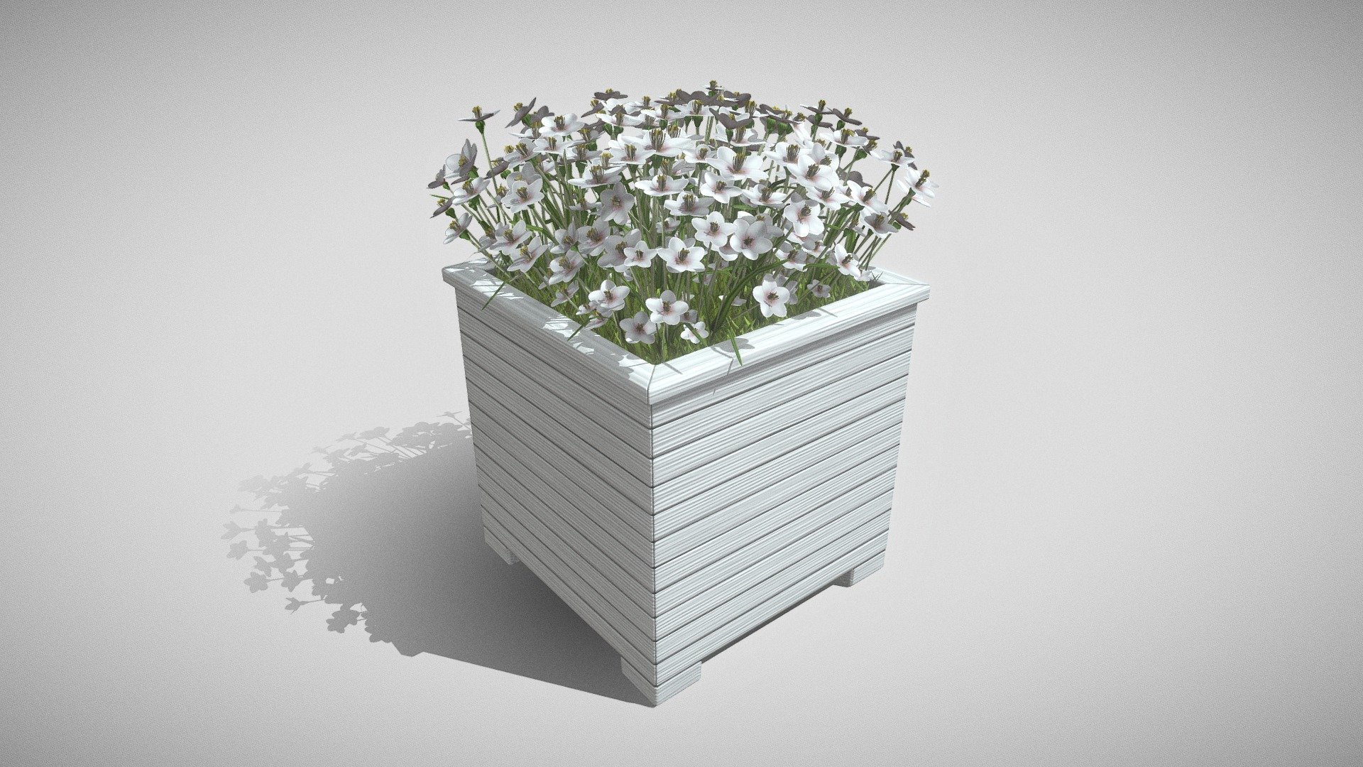 Public Plant Pot Wood-Version (White Flowers) 3d model