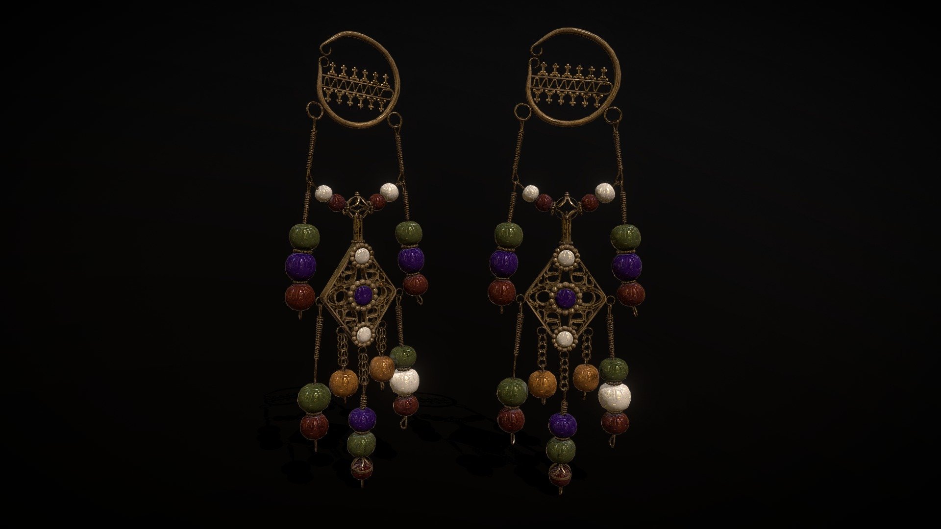 Medieval Hanging Bead Tassel Earrings 3d model