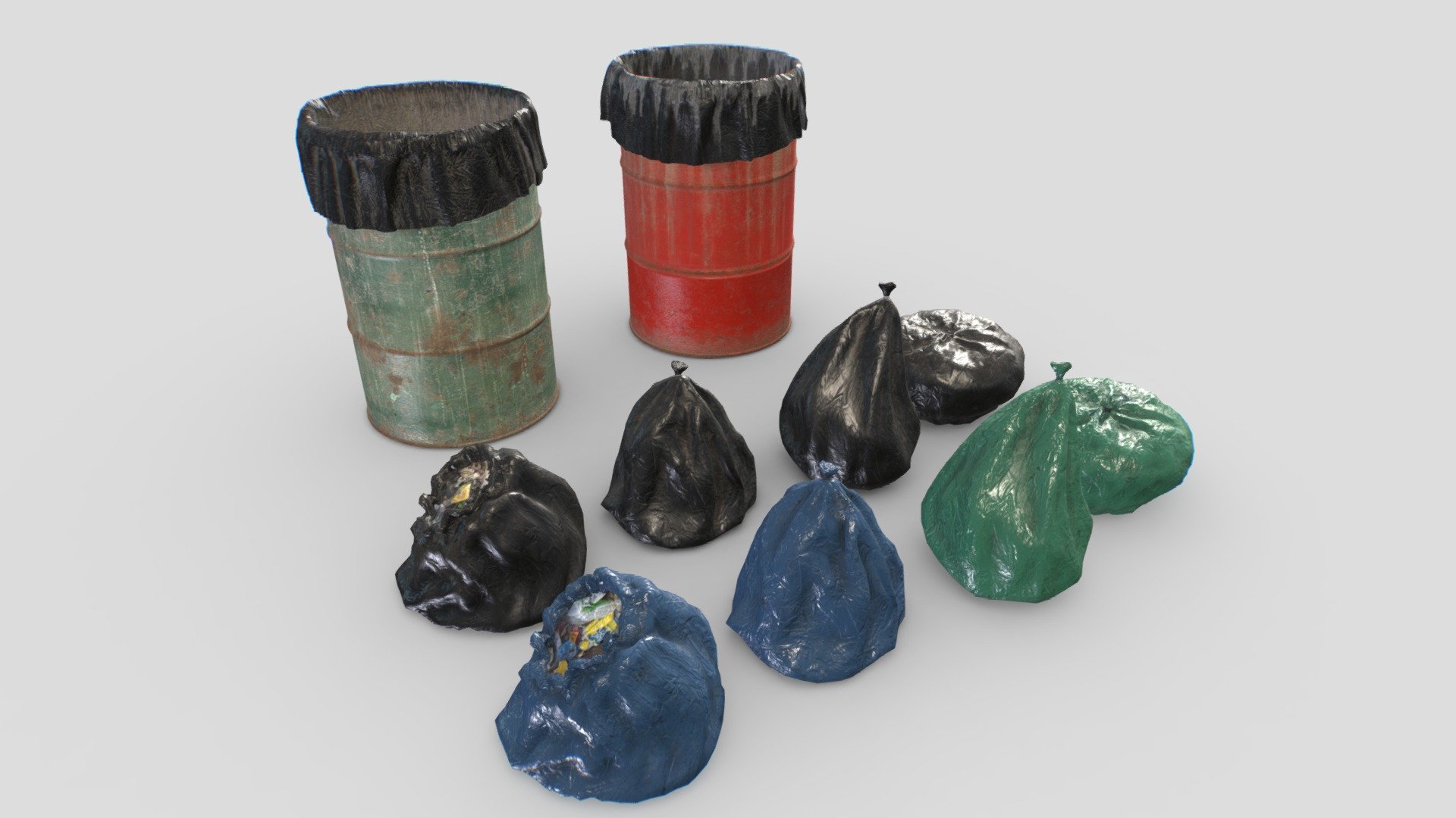 Drum trash can and trash bags 3d model