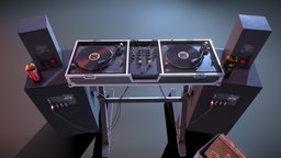 DJ Booth With Turntables, Speakers and Records