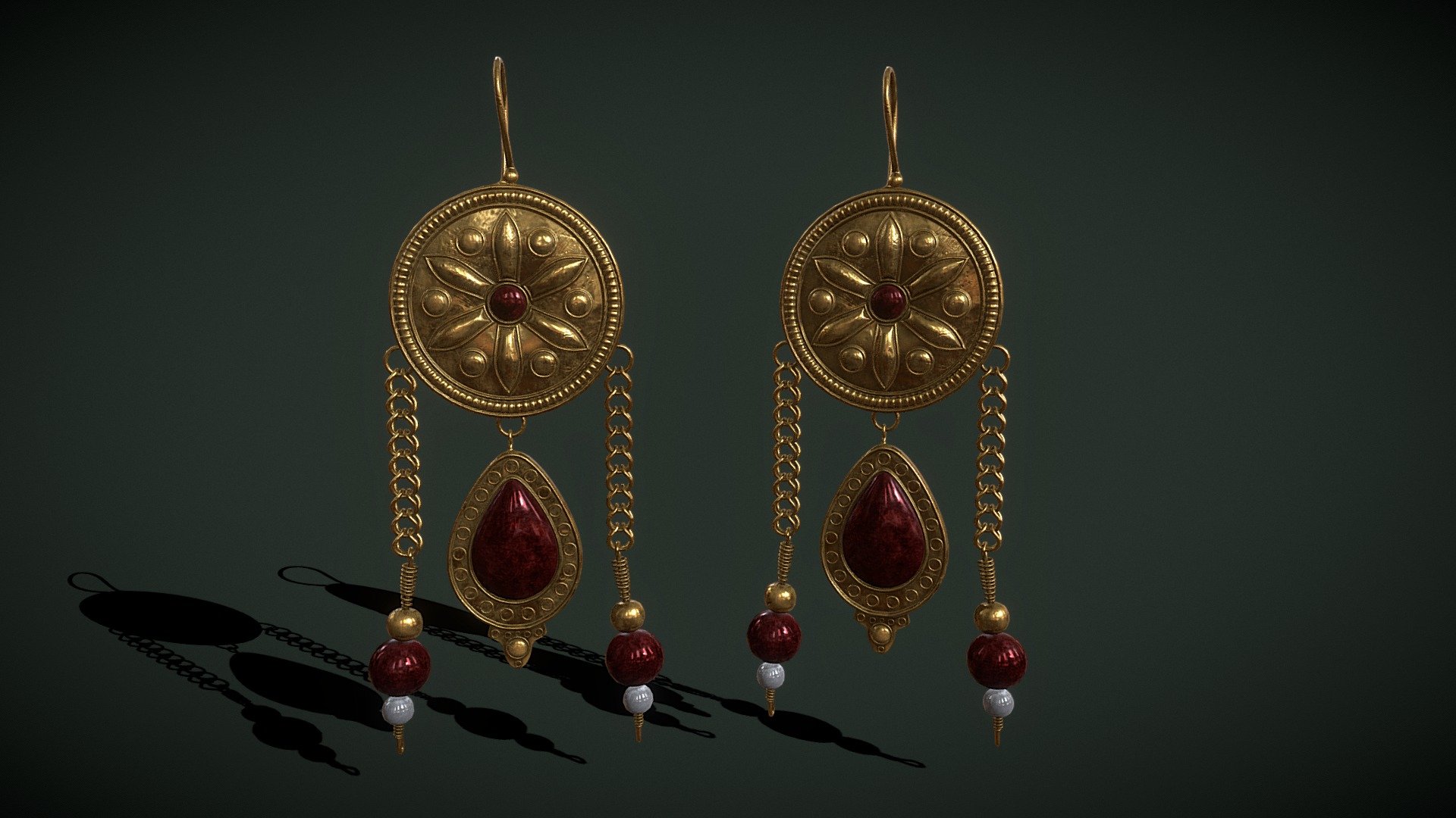 Ornate Gold Ruby Chandelier Earring 3d model