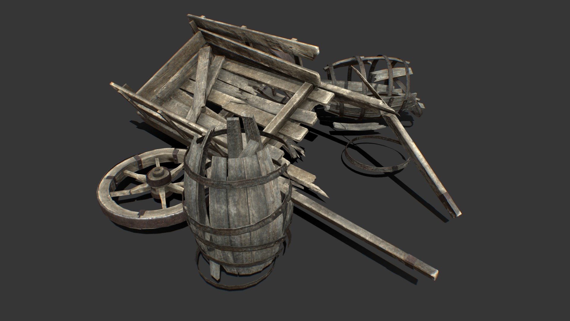 Medieval Broken Cart and Barrels 3d model