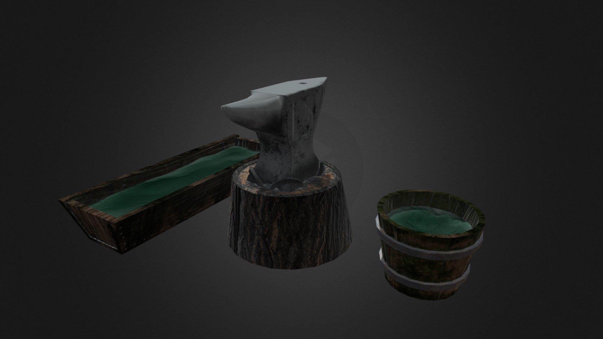 Anvil, Water Bucket And Water Trough 3d model