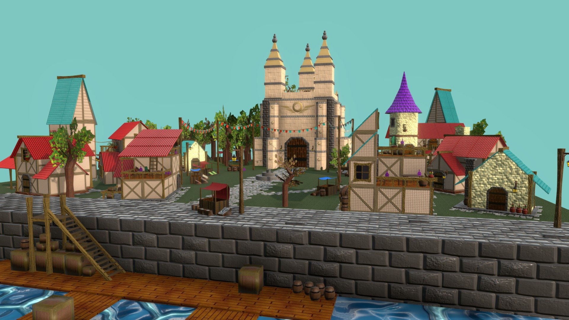 Stylized Modular Medieval Town (Enviroment) 3d model