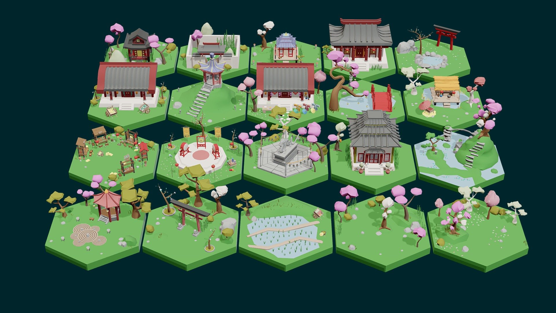 Low Poly Asian Style Set 3d model