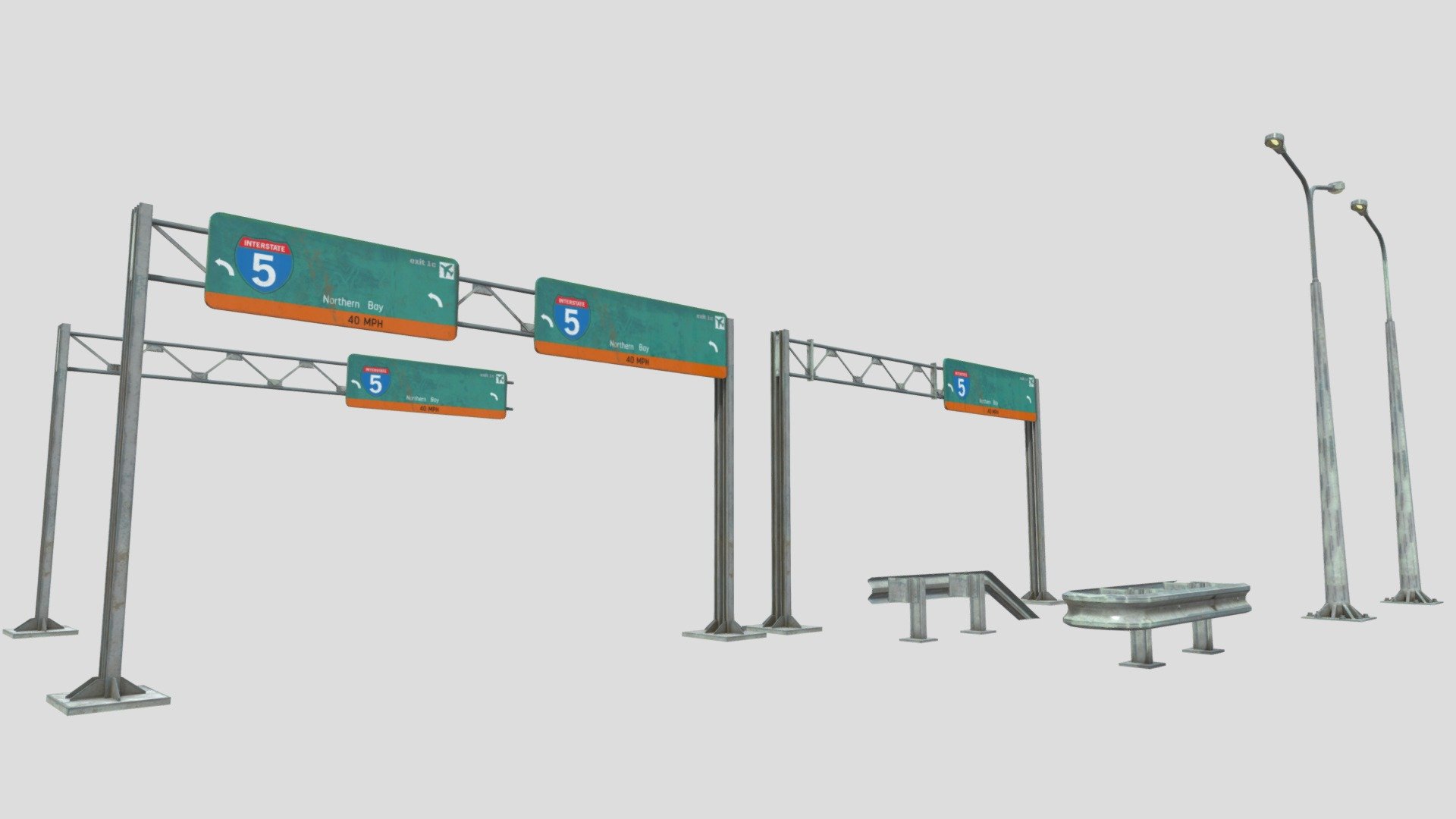 highway guard rail signs and street lights 3d model