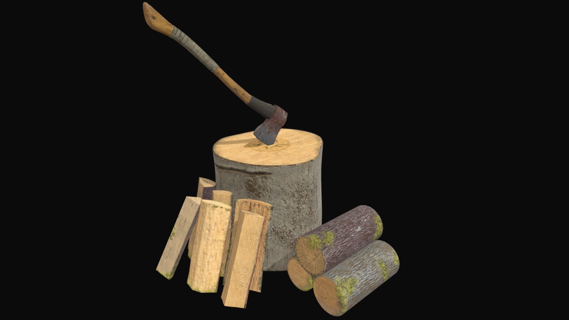 Old Ax and Wood Logs 3d model