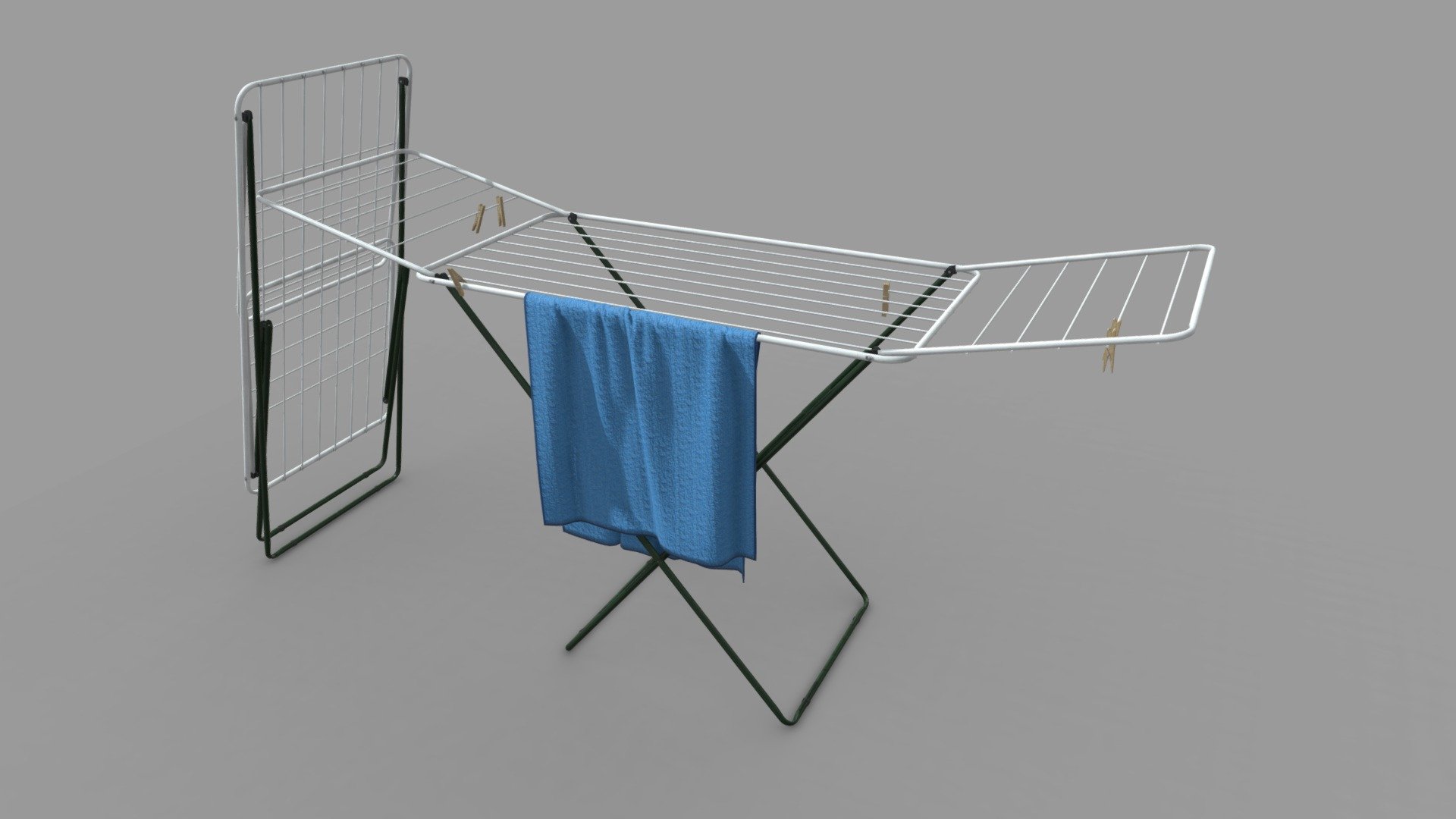 Drying rack with a towel and wooden clips 3d model