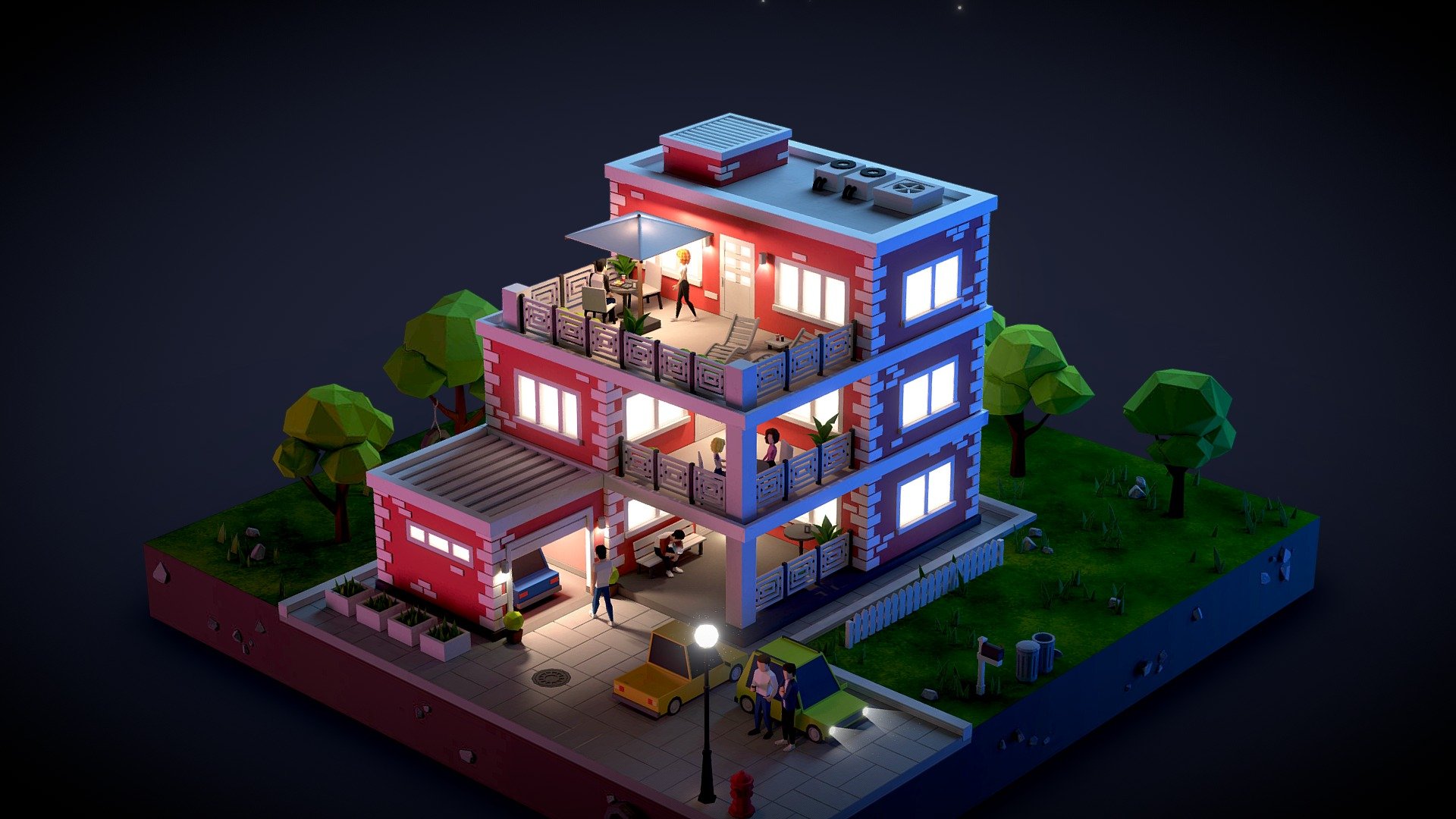 Low Poly Building with Characters. Night 3d model