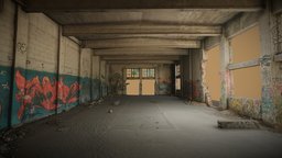 Large abandoned hall, graffiti and skatepark