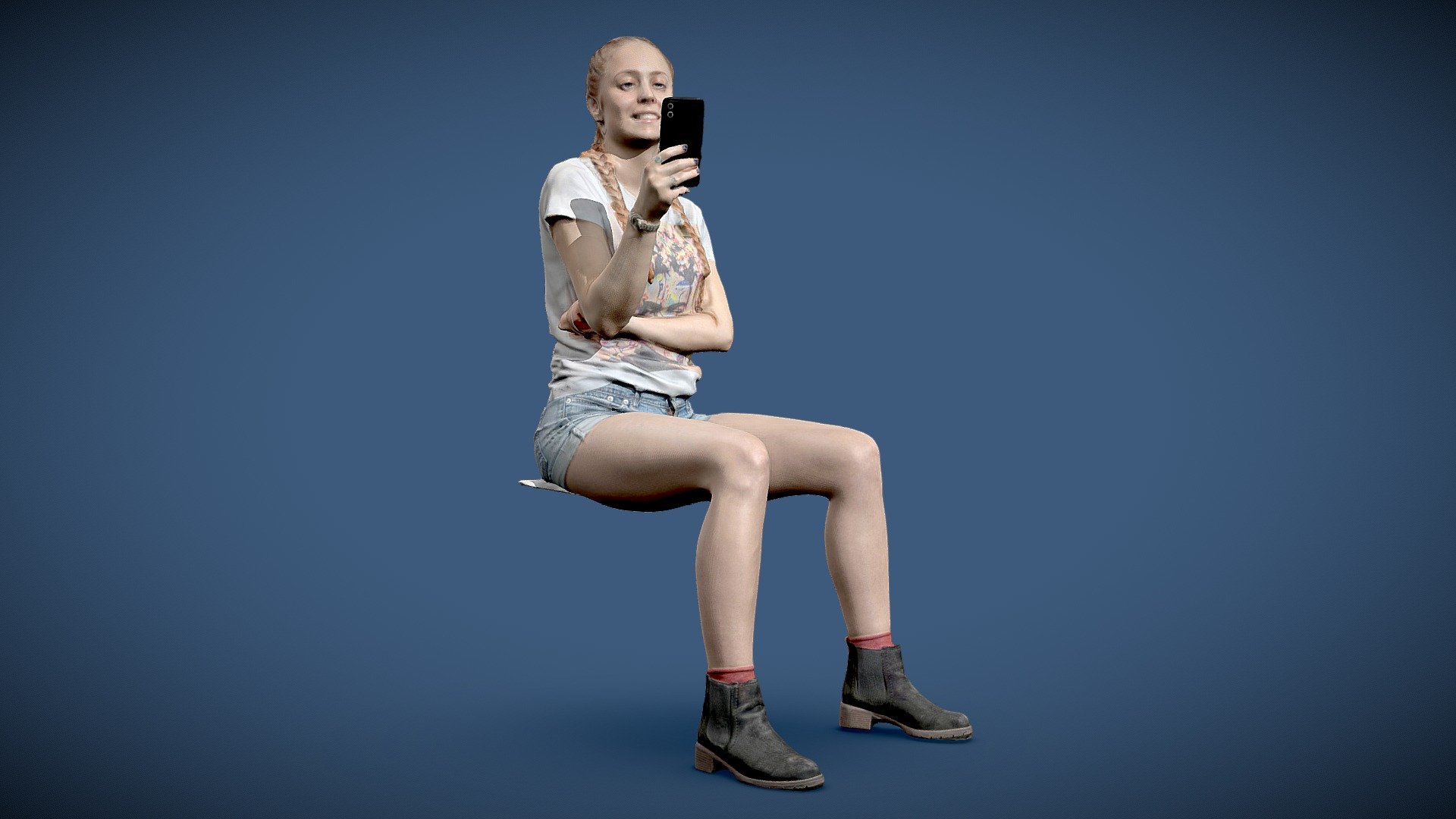 Woman sitting using cellphone 3d model