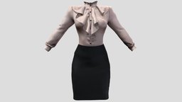 Female Ruffled Blouse Pencil Skirt Outfit