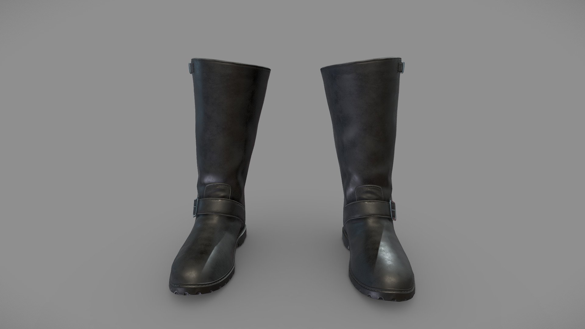 Black Lether Flat Biker Calf Boots 3d model