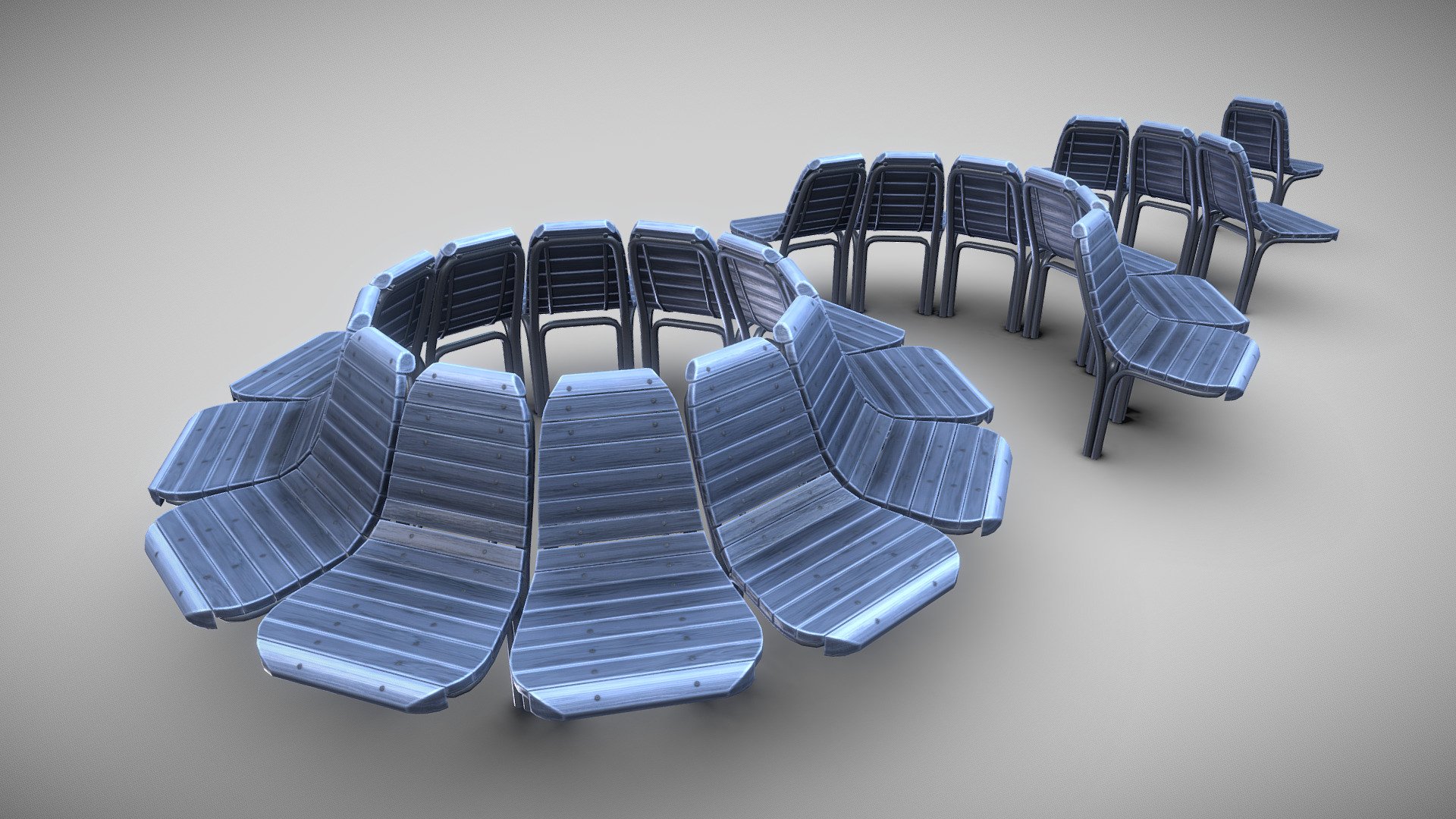 Round Bench [7]  4 Parts Blue Painted Version 3d model