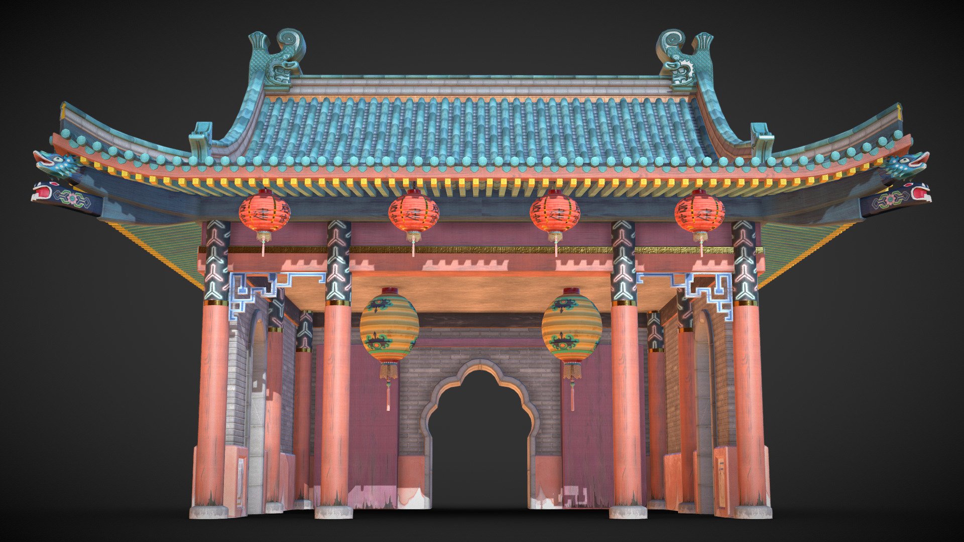 Chinese Temple Entrance Hallway 3d model