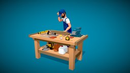 Low poly Worker hammers a nail