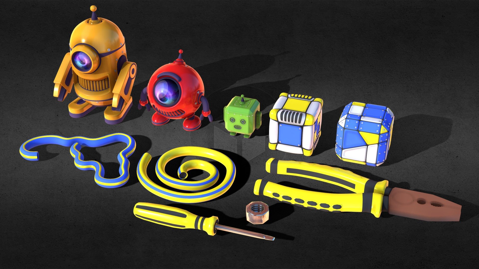 Hi-poly cartoon robots (original concept) 3d model