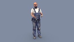 Bald Worker in Overalls Greets