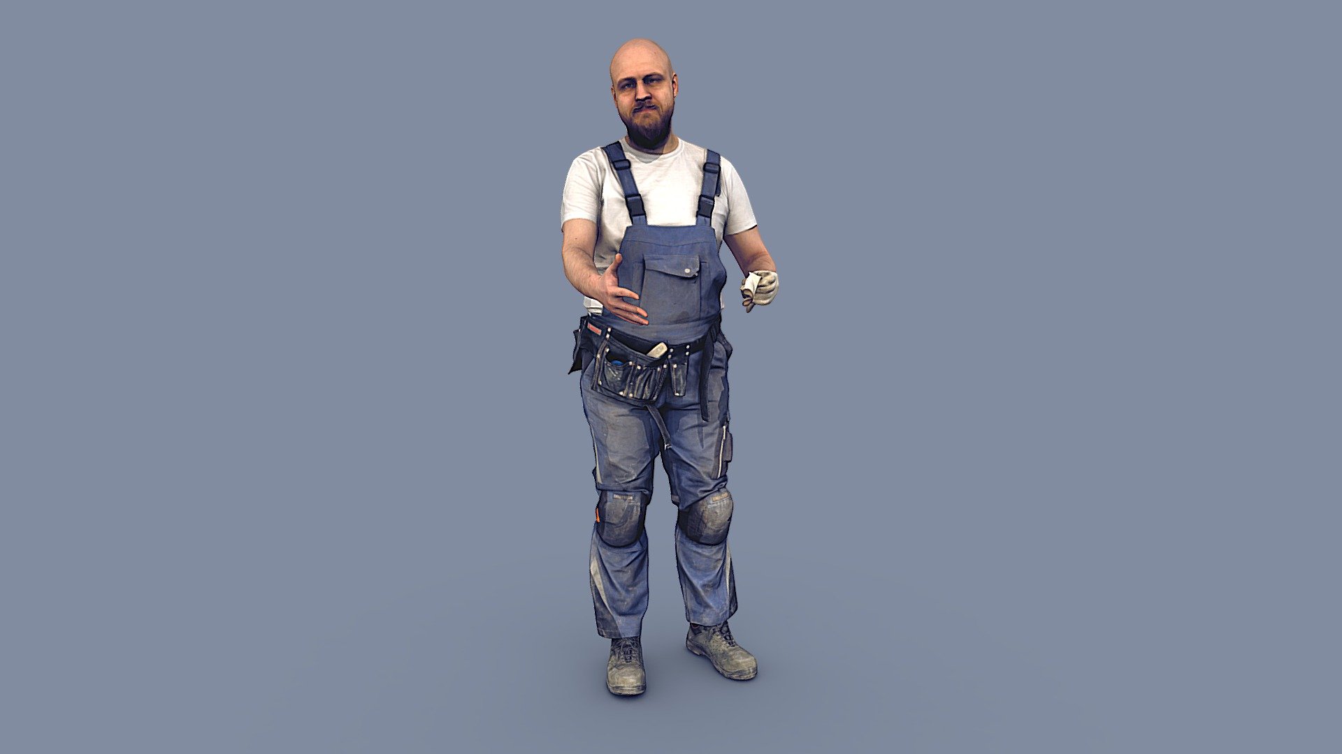 Bald Worker in Overalls Greets 3d model