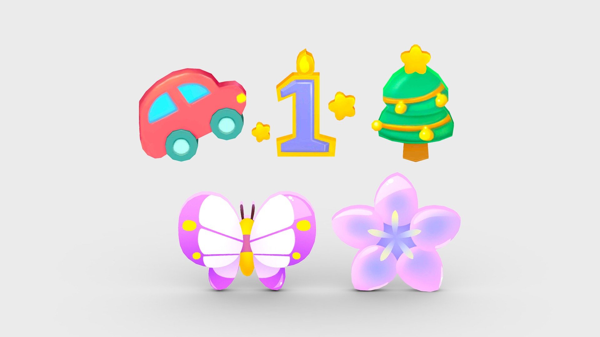 icons-car-number-Christmas tree-butterfly-flower 3d model