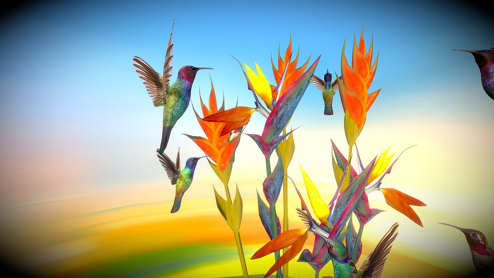 Hummingbirds + Tropical Flowers 3d model