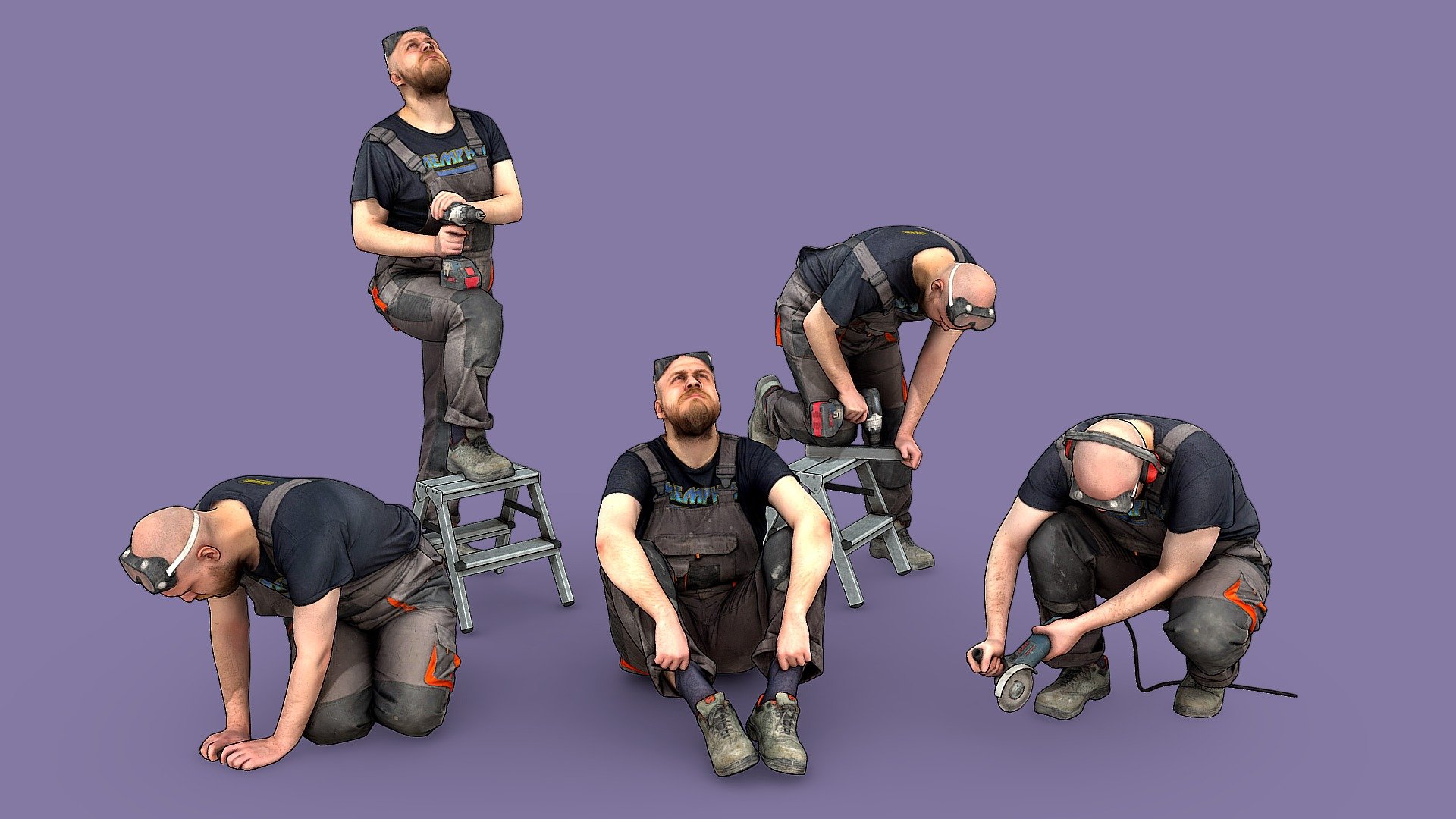 Bald Worker in Overalls 3d model