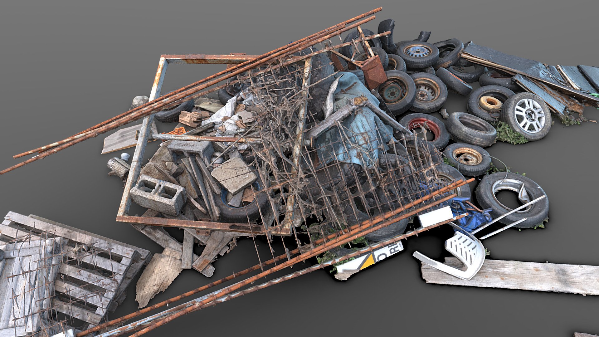 Street garbage heap with tires and debris 3d model