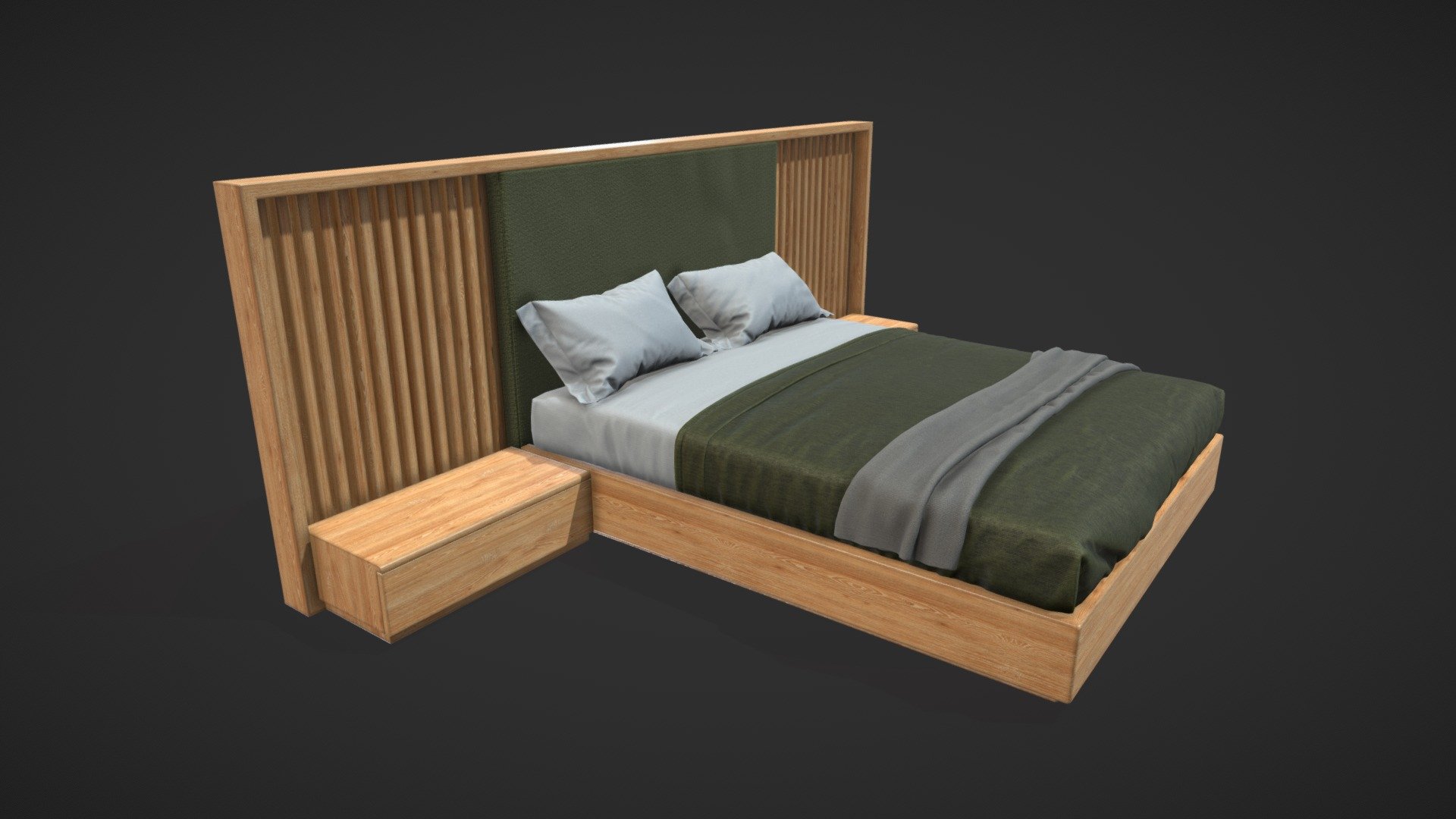 Bed with Vertical Slatted Headboard Low Poly 3d model