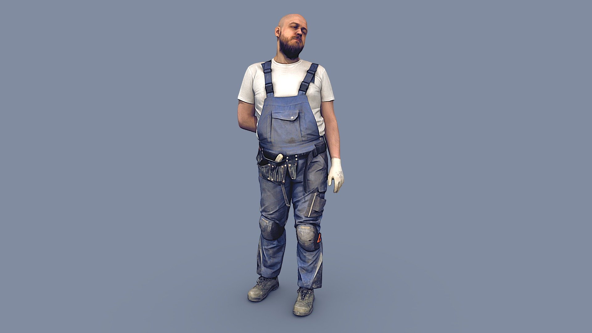 Bald Worker in Overalls Bends in His Back 3d model