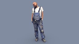 Bald Worker in Overalls Lifts His Shoulders