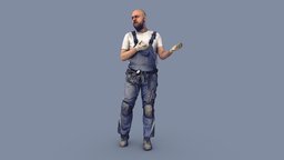 Bald Worker in Overalls Gestures