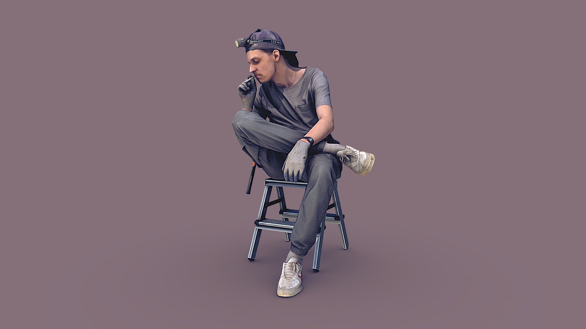 Worker in Gray Sits Smoking 3d model