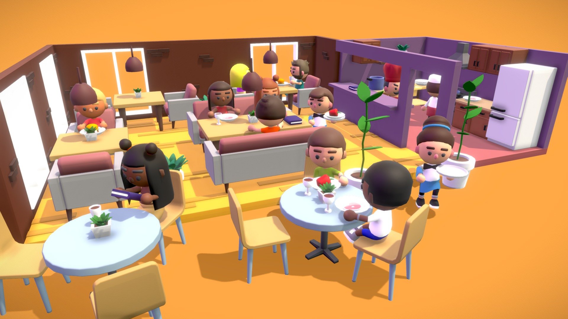 Low Poly characters in a street cafe 3d model