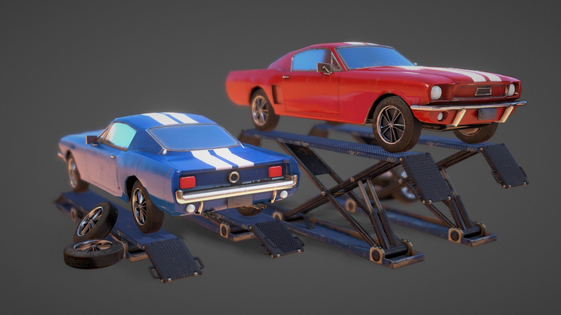 Game ready cars on the hydraulic car lifter 3d model