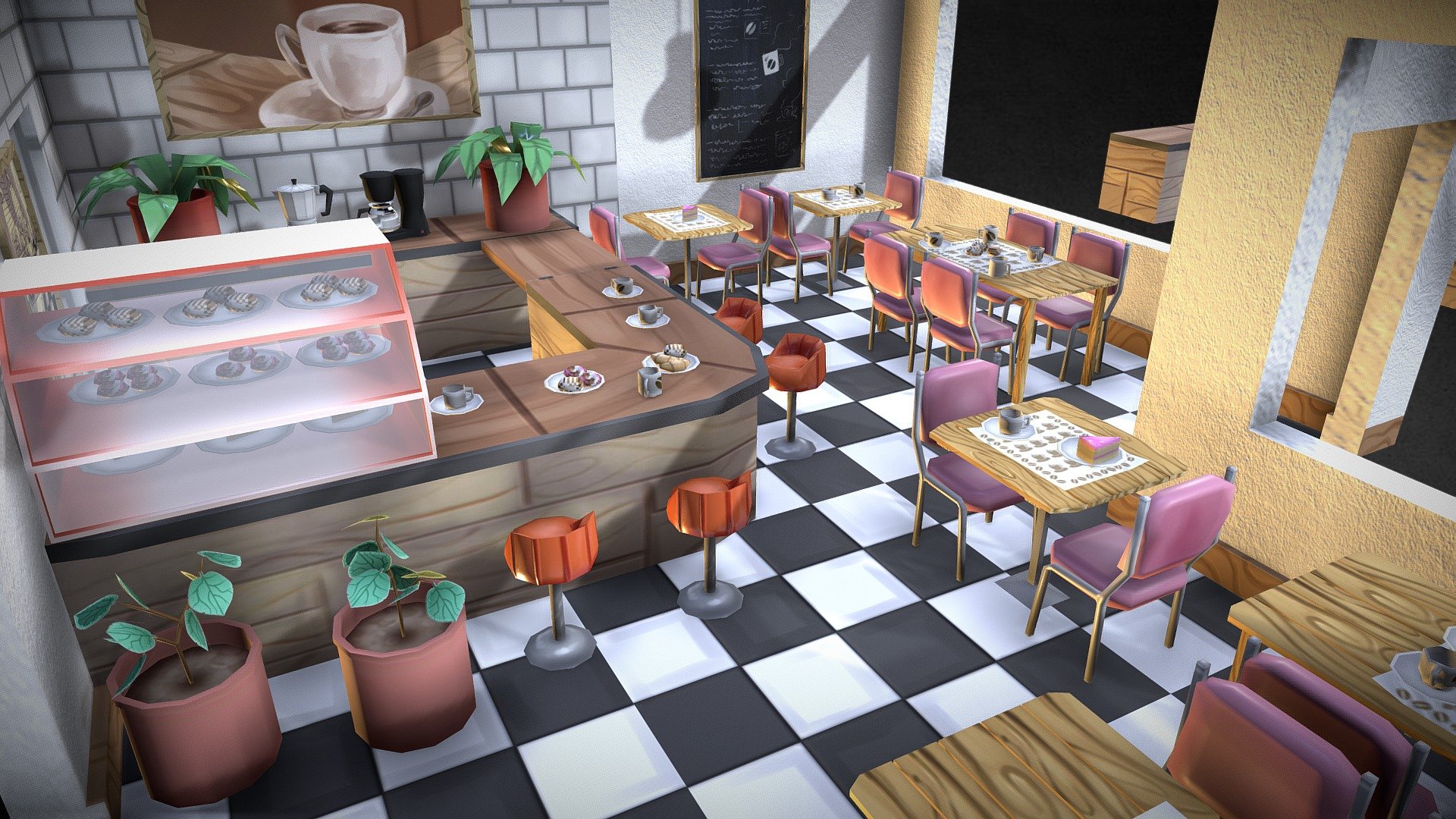 Coffee shop assets lowpoly 3d model