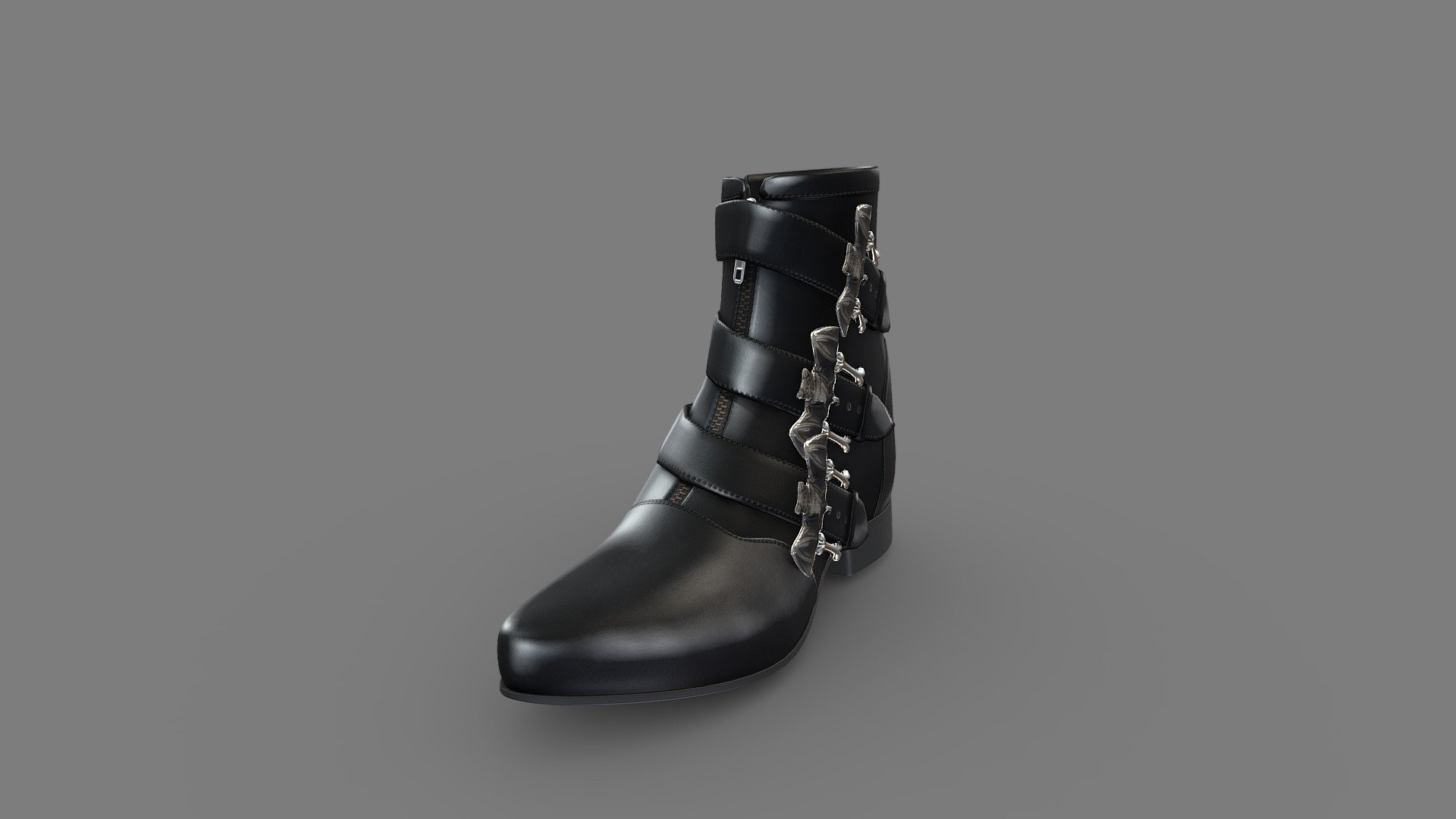 Bat Buckles Black Leather Female Ankle Boots 3d model