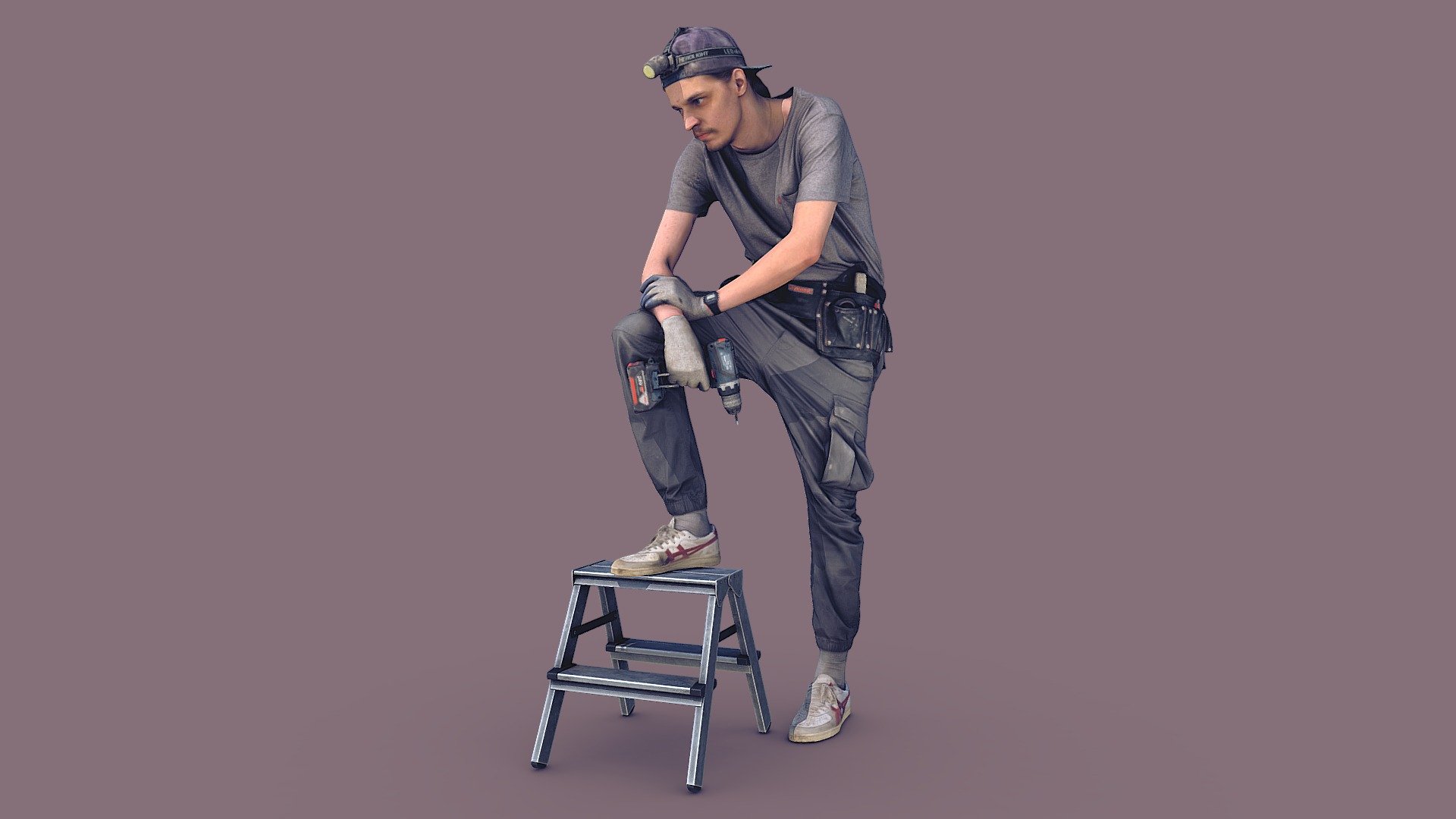 Worker in Gray Stands on a Stepladder 3d model