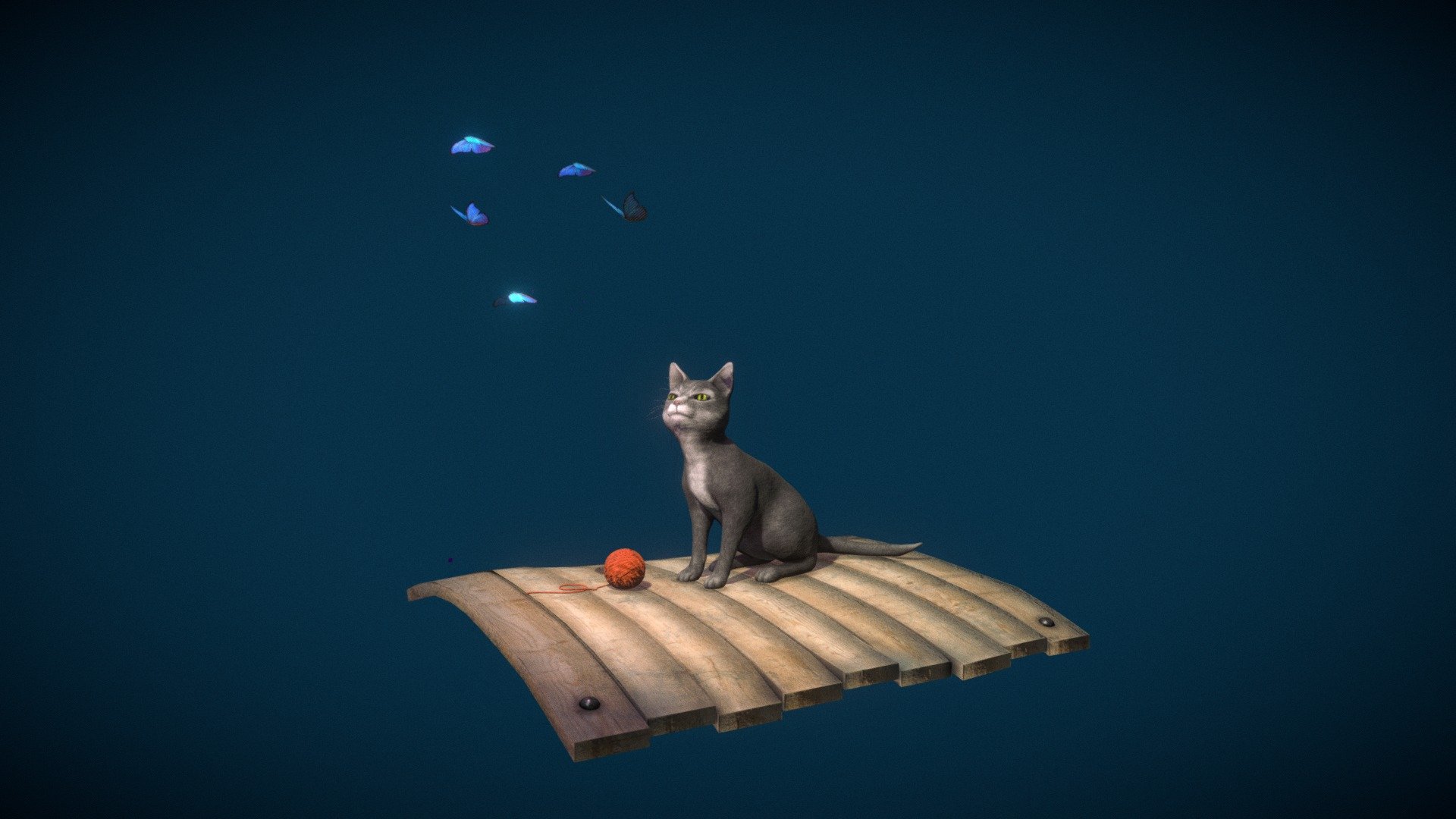 Lovely cat and butterflies animated 3d model