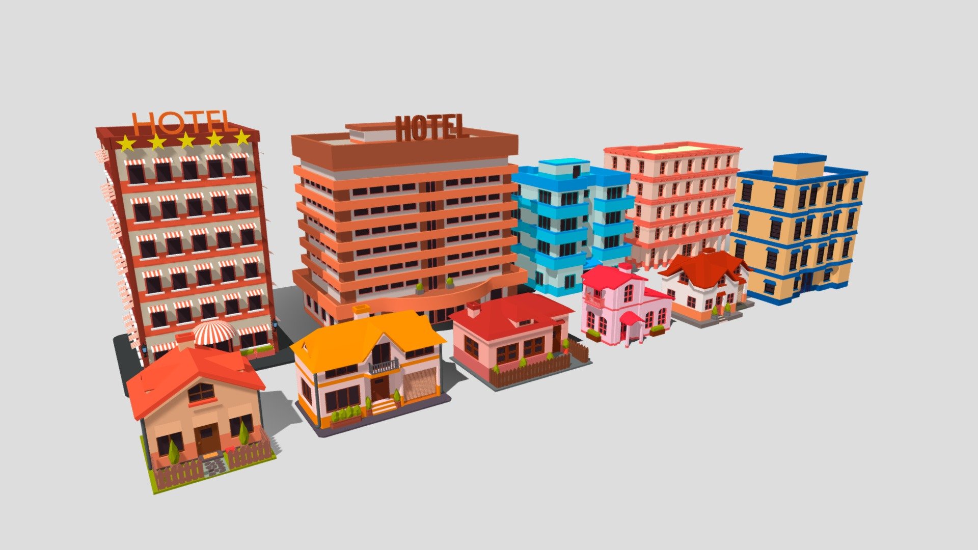 Low poly accommodations buildings 3d model