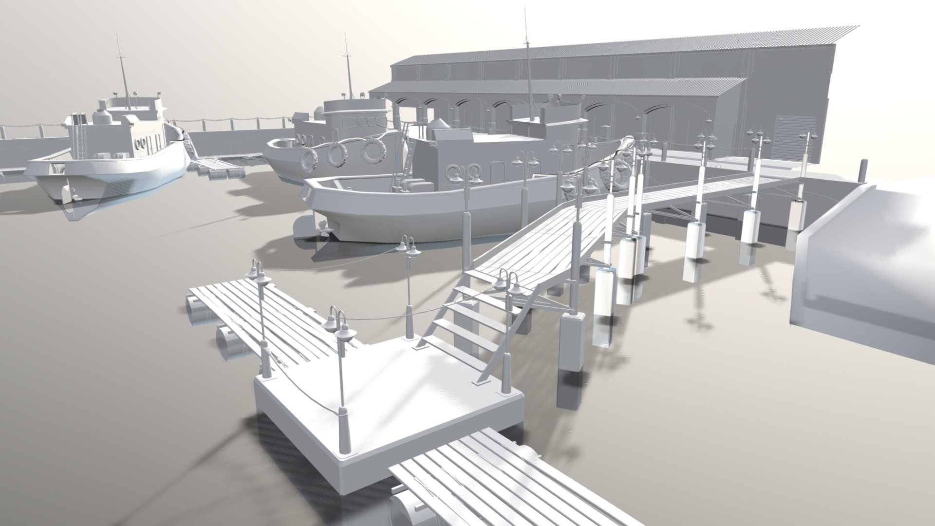 Harbor Scene With Pier And Boats 2 0 3d model