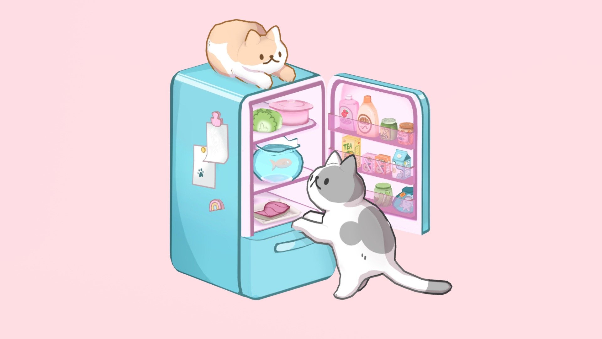 Cats on a Fridge 3d model